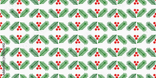 Christmas tree branches and red berries seamless pattern.