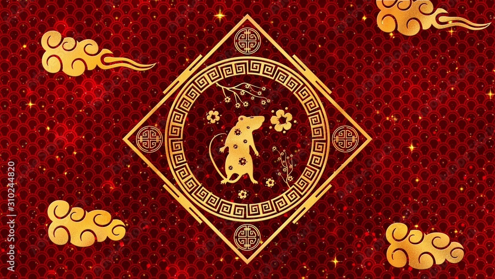 Red Chinese New Year background with gold, rat, fireworks, glittering stars 3D rendering . Magical Happy new year animation.