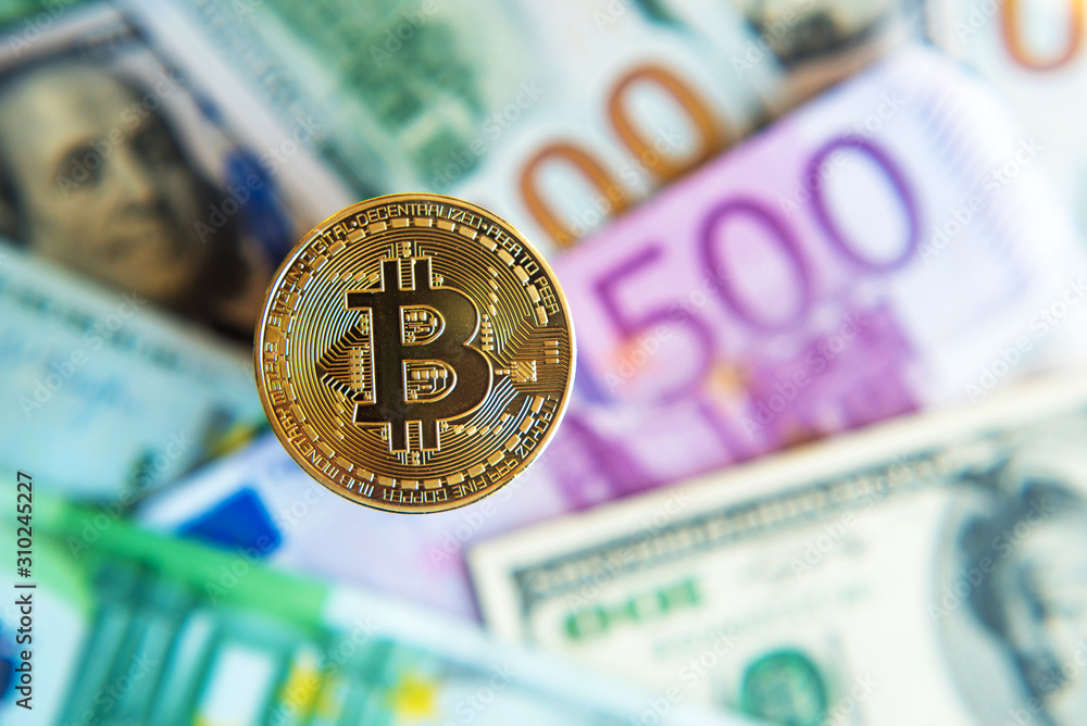 bitcoin over dollar and euro bills (investment, exchange rate, wealth, luxury, success, stock exchange - concept)