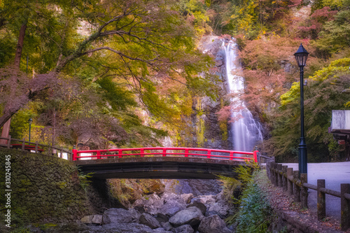 Minoo Waterfall in Colorful Autumn Season with Red Maple Leaf Fall Foliage and Beautiful Red Bridge. (Minoo Park, Osaka, Japan)
