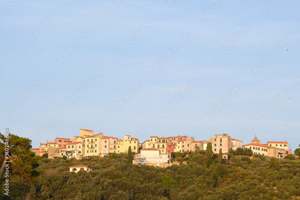 Village of Pugliola, located on the Lerici hill in Liguria with typical houses.