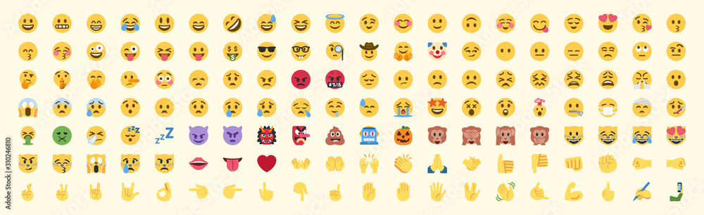 All emojis vector set. All face and hand gestures, emoticons vector icons illustrations collection All emojis vector set. All face and hand gestures, emoticons vector icons illustrations collection