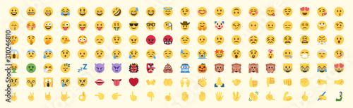 All emojis vector set. All face and hand gestures, emoticons vector icons illustrations collection
