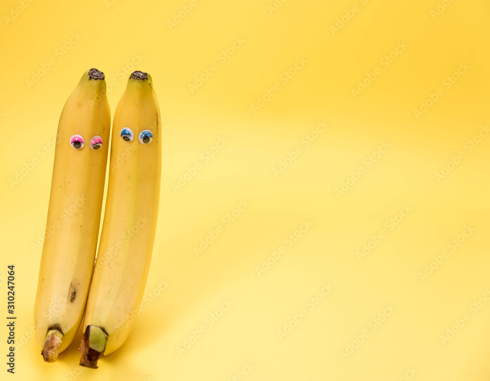 Two Bananas isolated on yellow and copy space
