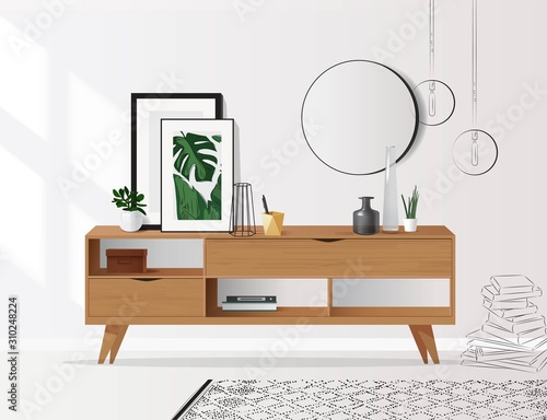 Wooden sideboard with plants and posters on it against white wall. Modern interior with tropical elements. Vector illustration