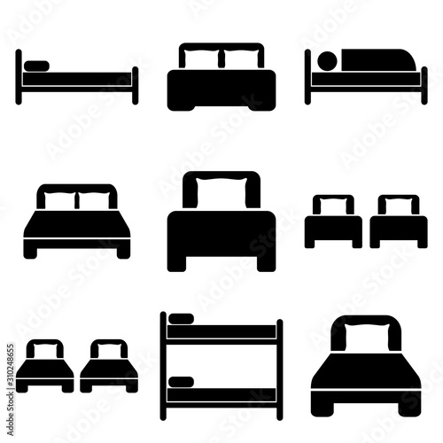 Bed icon, logo isolated on white background. Single and double bed. Hostel, hotel, hotel