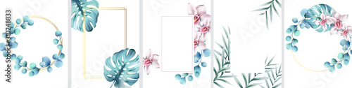 Big set of floral invitation cards with wreath and square frames. Flower leaves. Place for text. Watercolor vector