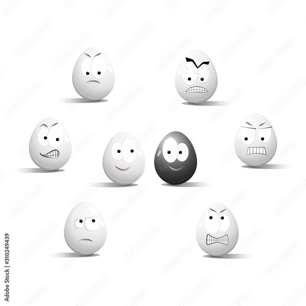 Faces on chicken eggs in the form of facial expressions, reflecting emotions. The concept of racism, misunderstanding. Faces on chicken eggs in the form of facial expressions, reflecting emotions. The concept of racism, misunderstanding.