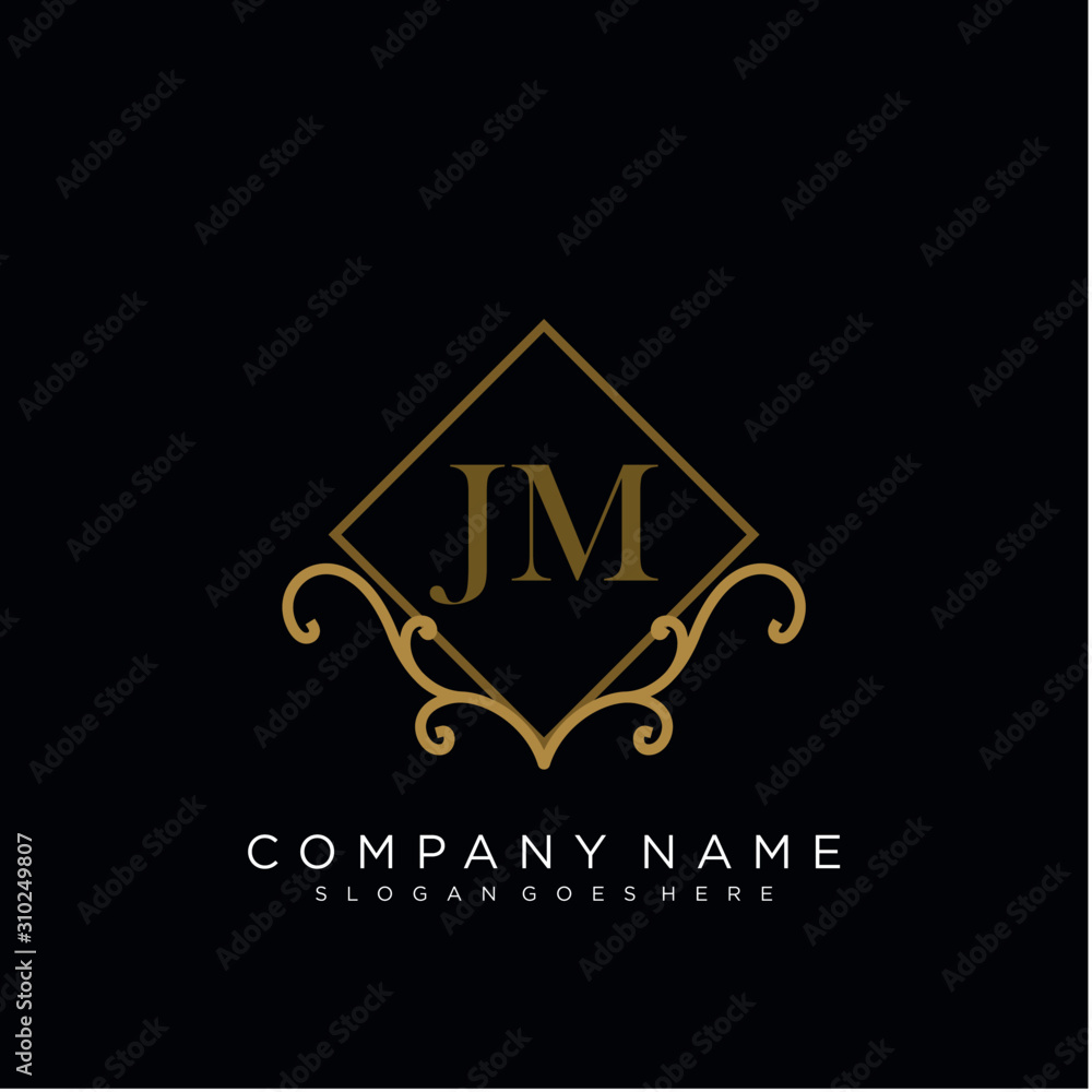 Initial letter JM logo luxury vector mark, gold color elegant classical