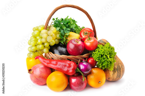 Fototapeta Naklejka Na Ścianę i Meble -  Vegetables and fruits in a basket isolated on white background.
