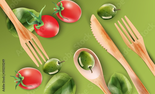 Watercolor composition with wooden eating utensils and vegetables. Red tomato...