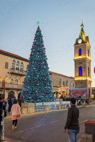 Christmas tree and Clock Tower view at old Jaffa - Tel Aviv, Israel