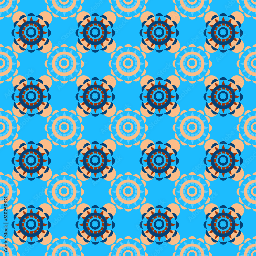 Pattern con decorazioni geometriche  policrome su sfondo azzurro
