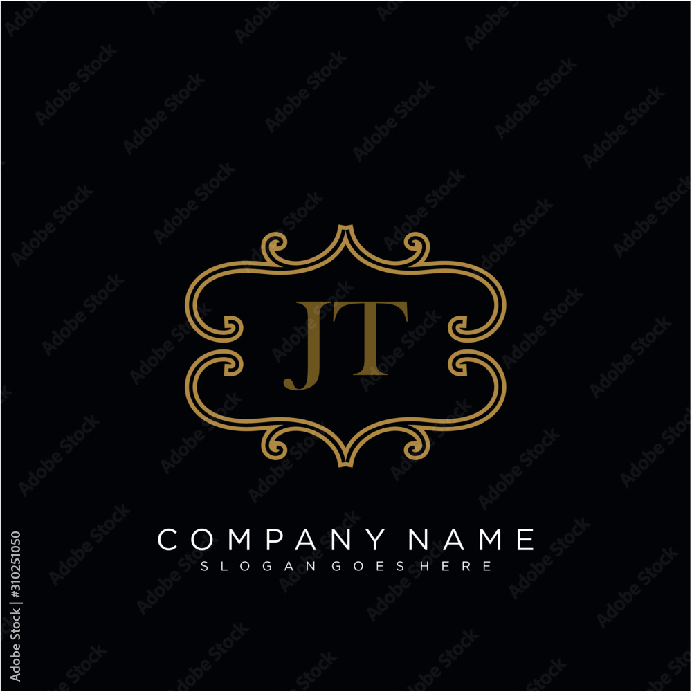 Initial letter JT logo luxury vector mark, gold color elegant classical