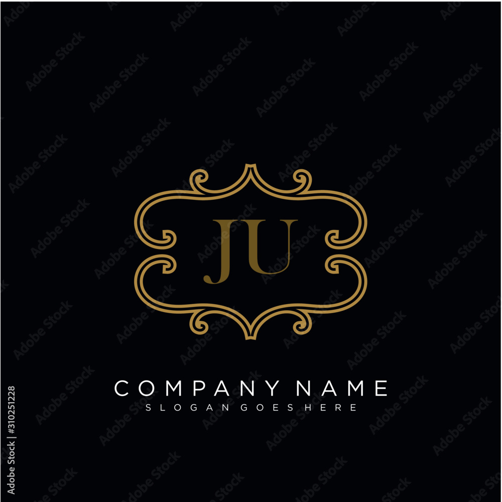 Initial letter JU logo luxury vector mark, gold color elegant classical