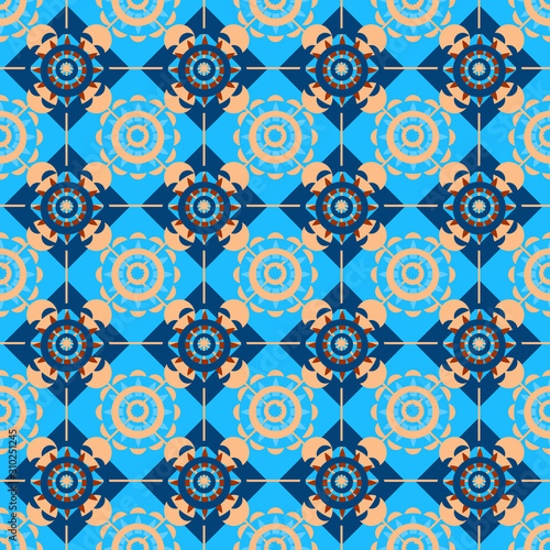 Pattern con decorazioni policrome geometriche su sfondo azzurro photo