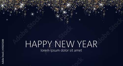 Happy New year banner with place for text and golden sparkles on top. Winter ...