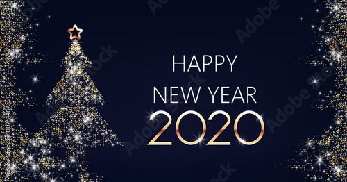 Happy New year banner with christmas tree made from golden sparkles with star...