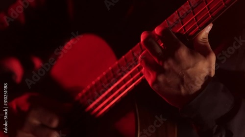 musician plays the guitar, close-up of guitar strings and fretboard
