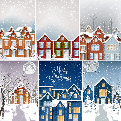Big set of houses covered in snow in daylight and night. Merry christmas and ...