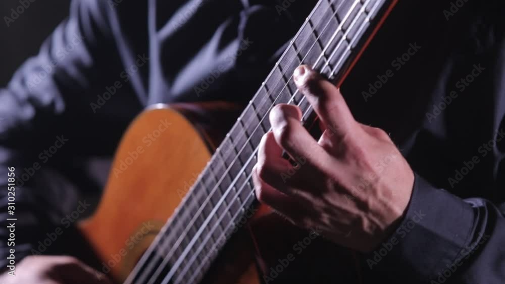 musician plays the guitar, close-up of guitar strings and fretboard musician plays the guitar, close-up of guitar strings and fretboard