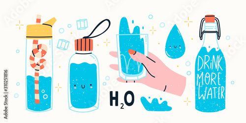 Drink more water. Glass only. Plastic free, zero waste concept. Various bottles, glass, flusk. Hand drawn cute trendy vector illustartion. All elements are isolated