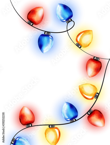 Colorful watercolor red, blue and yellow fairy lights. Winter holidays vector