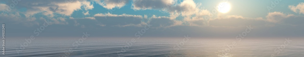 Beautiful panorama of sea sunset, sky with clouds over the water, 3D rendering.
