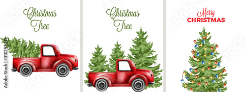 Big set with decorated christmas tree and red car transporting. Place for text