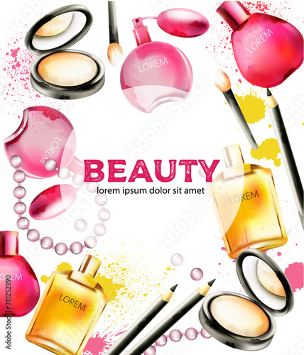 Beauty cosmetic products with perfumes, face powder, brushes and beads. Color...