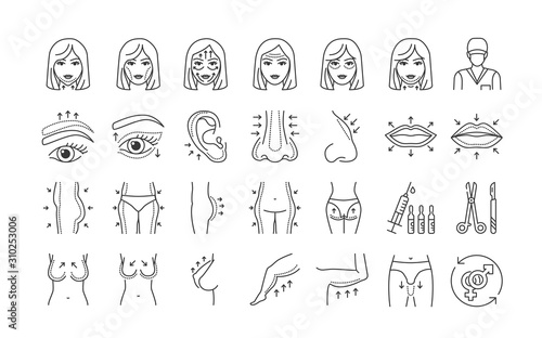 Plastic surgery black line icons set. Rhinoplasty, otoplasty, eye lift, buttock lift. Anti aging injection, therapy. Signs for web page, mobile app, banner, social media. Editable stroke.