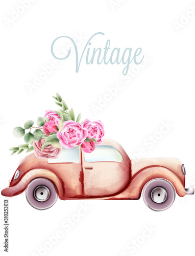 Vintage pink car with rose flowers and green leaves on the roof. Watercolor vector