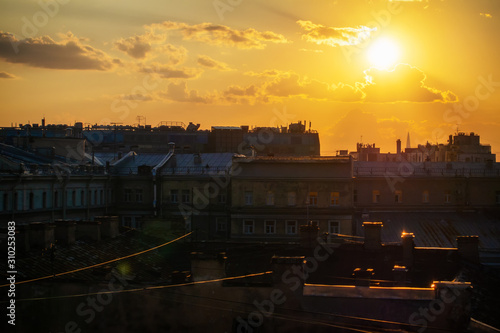 City at sunset. Beautiful evening picturesque summer panorama of St. Petersburg, Russia