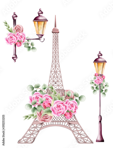 City lamps and eiffel tower decorated with rose flowers and green leaves. Watercolor vector