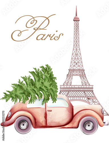 Red car with christmas tree on top passing by the Eiffel Tower. Paris in the ...