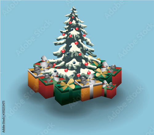Christmas tree decorated with red and blue baubles. Colorful gift boxes nearb...