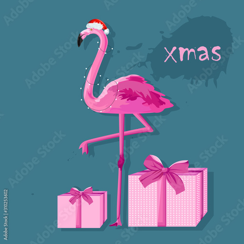 Pink flamingo with white fairy lights and gift boxes. Place for text. Winter ...