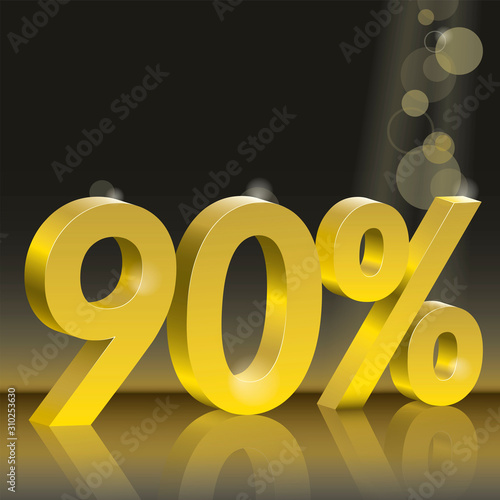 Discount 90 percent off. Golden numbers on black background. Poster to announce sales. 