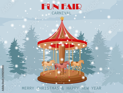 Fun Fair carnival carousel with pony horses. Winter forest on background.