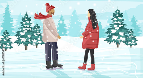 Young couple skating on ice rink outside in the park. Snow falling. Trees on background. Winter season vector