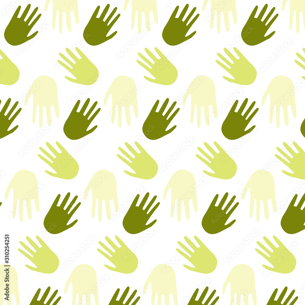 Seamless pattern with different color hands on white background