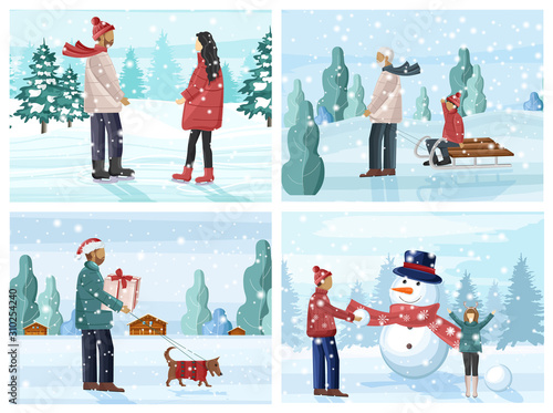 Big set of people having fun in winter season. Building snowman, walking the dog, ice skating, sledging, playing with snowballs. Holiday vector