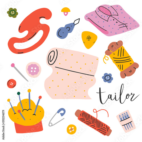Collection of needlework cliparts, isolated hand drawn doodles, vector illustrations for workshop, tailor or sewing studio. Fabric, needle, chalk, threads and handmade blouse.