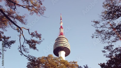 Scenic slow motion video of the Seoul tower in capital of Republic of Korea. Beautiful summer look of highest observation point in the largest city of South Korea.