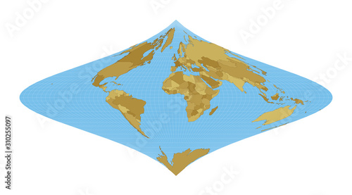 World Map. Focaut's stereographic equivalent projection. Map of the world with meridians on blue background. Vector illustration.