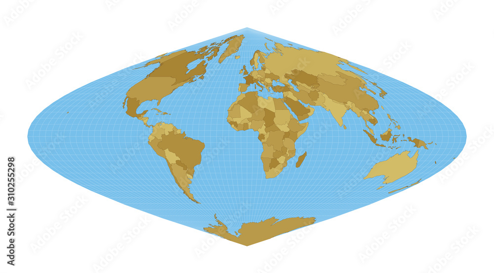 World Map. Sinusoidal projection. Map of the world with meridians on blue background. Vector illustration.
