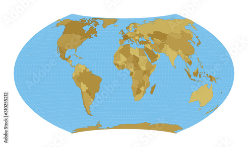 World Map. Wagner VII projection. Map of the world with meridians on blue background. Vector illustration.