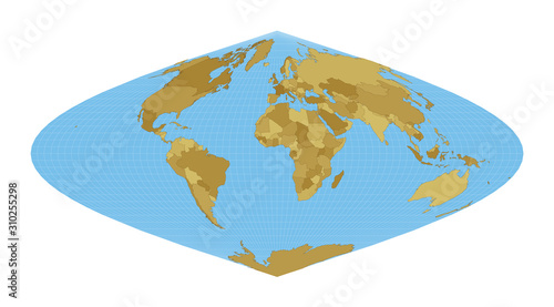 World Map. Sinusoidal projection. Map of the world with meridians on blue background. Vector illustration.