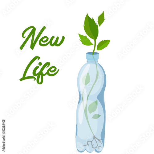 recycling plastic waste. green Stem growing from the trash bottle . New life and save Earth concept. decomposing polyethylene, cellophane, plastic. isolated vector illustration