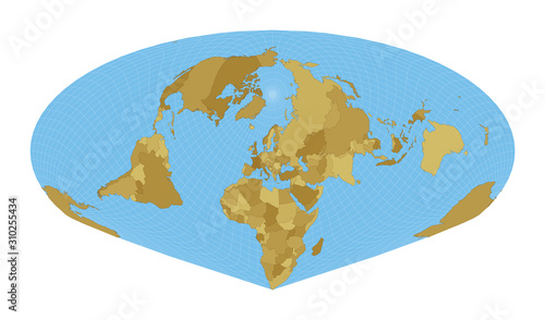 World Map. Allen K. Philbrick's Sinu-Mollweide projection. Map of the world with meridians on blue background. Vector illustration.